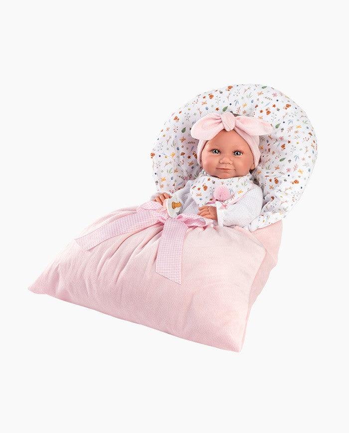 Papusa Llorens, Nica, cu saculet de dormit roz, 40 cm