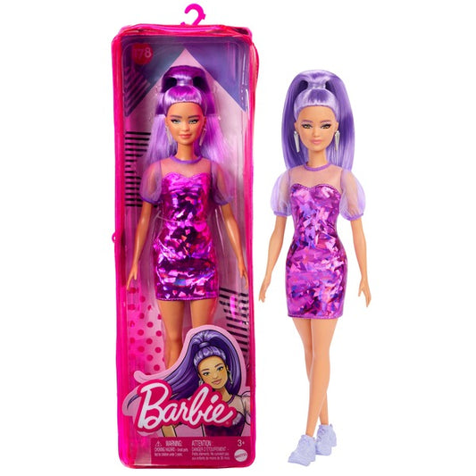 Papusa Barbie, Fashionista, cu par mov si rochie cu umeri bufanti
