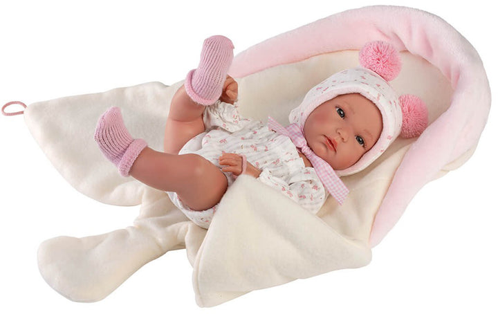 Papusa Llorens, Bimba, cu saculet de dormit pufos, 35 cm