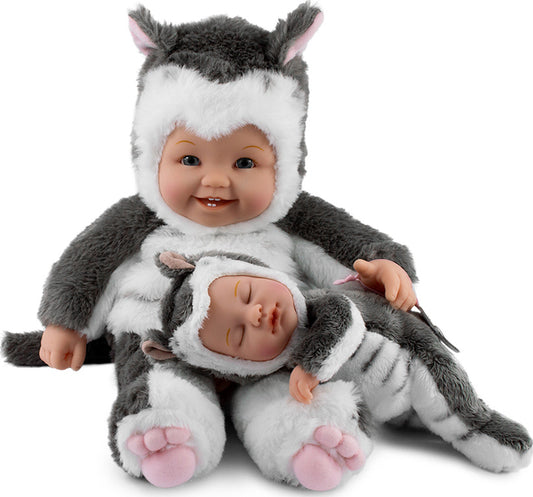 Papusa Anne Geddes - Set surori pisicute 38 cm - alb/gri