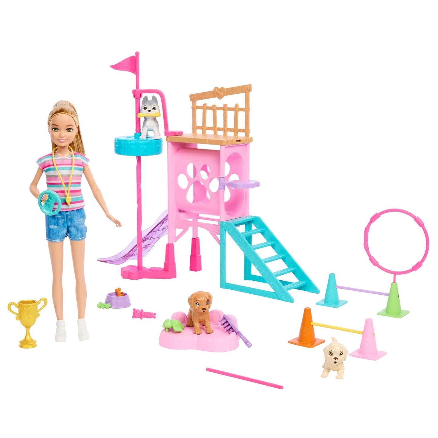 Set Papusa Stacie si 3 catelusi la locul de joaca