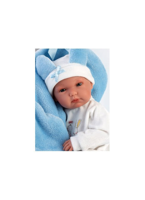 Papusa Llorens, Bimbo, cu paturica iepuras albastru, 35 cm