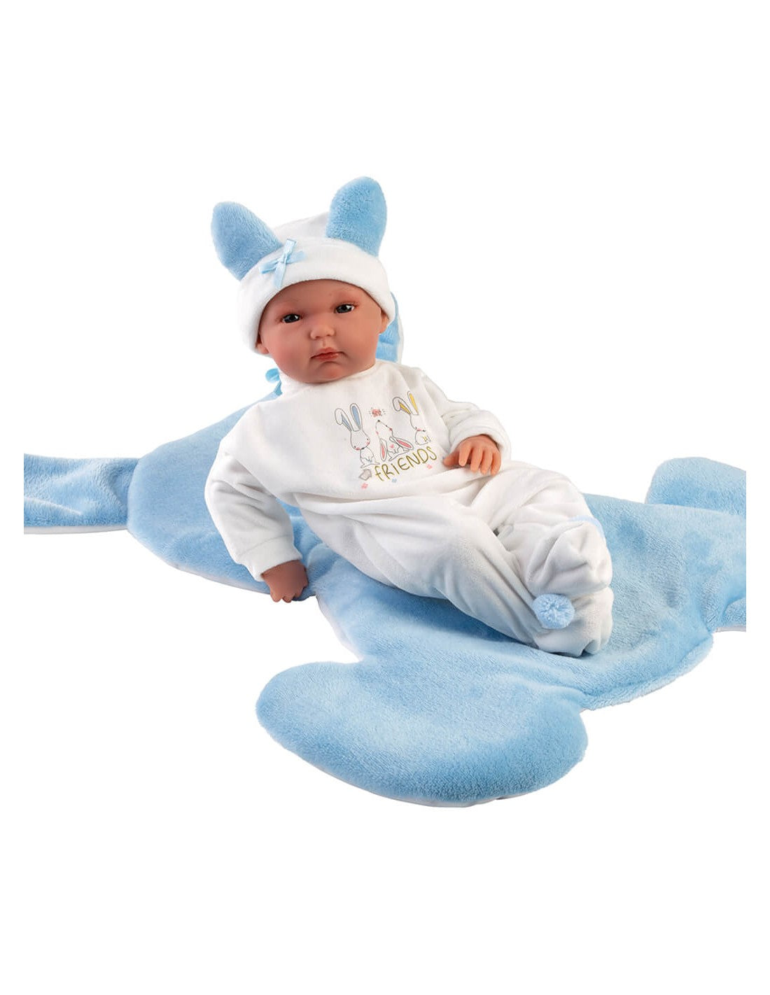 Papusa Llorens, Bimbo, cu paturica iepuras albastru, 35 cm