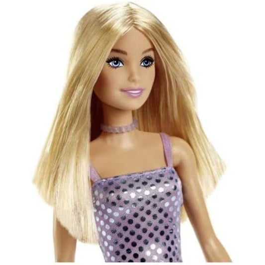 Papusa Barbie tinuta stralucitoare in rochie mov