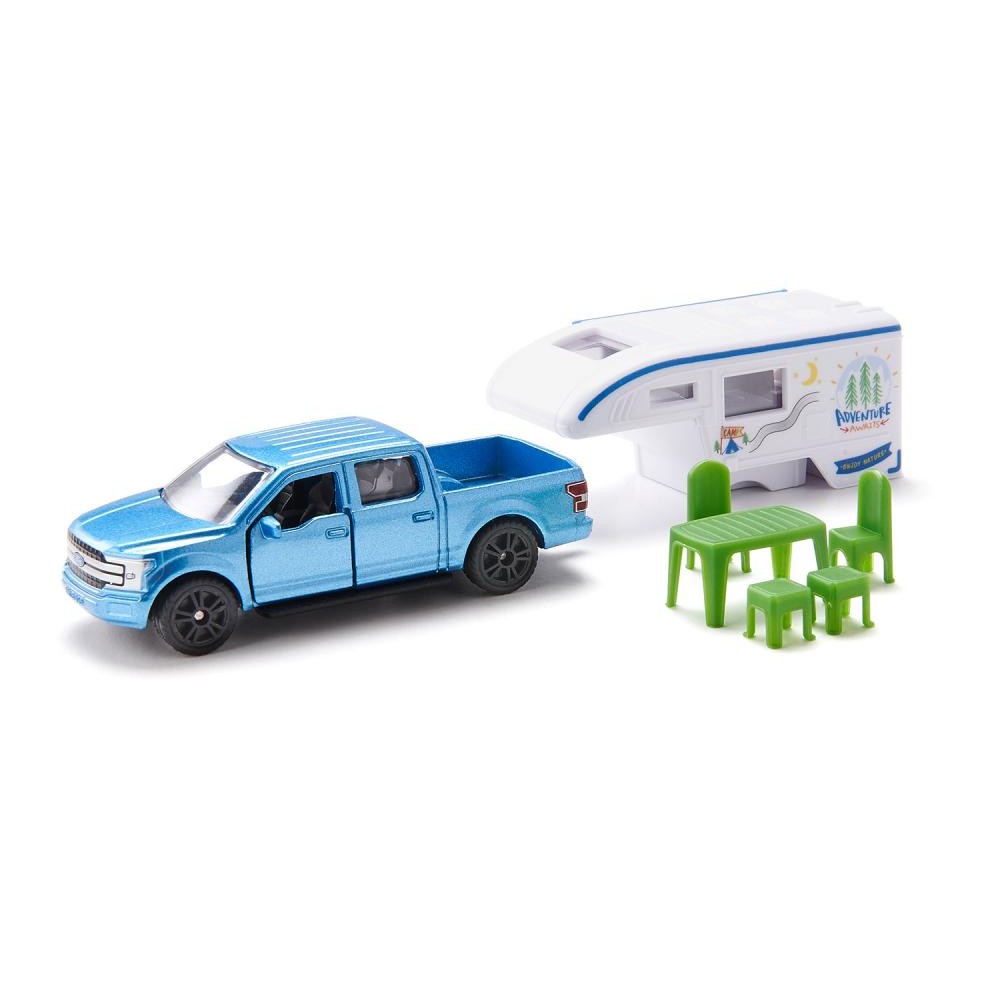 Jucarie metalica masina rulota cu masa si scaunele Ford F150 Pick-Up Camper SIKU 1693