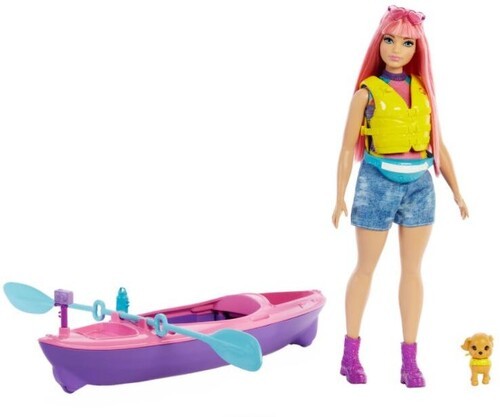 Set de joaca Barbie, Kayak & Camping, papusa cu par roz si accesorii