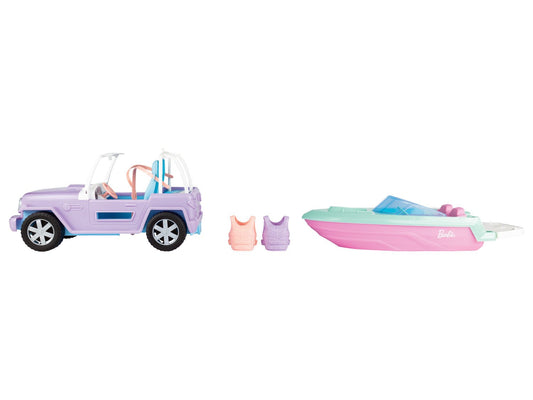 Set de joaca Barbie cu 2 papusi, barca cu motor si masina off-road