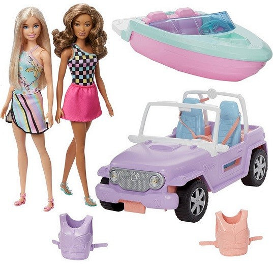Set de joaca Barbie cu 2 papusi, barca cu motor si masina off-road