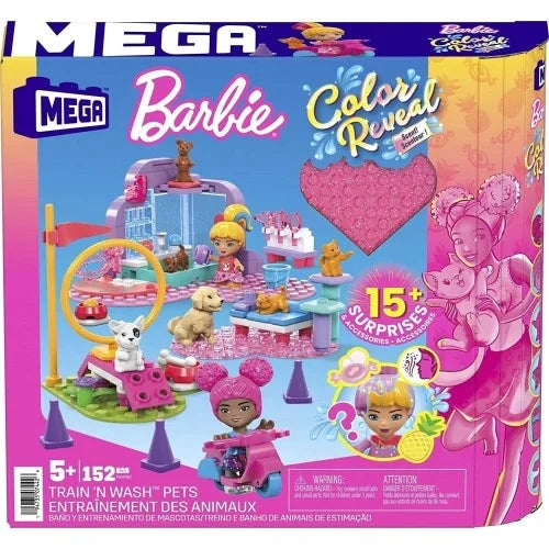 Set de constructie,Mega Blocks, Barbie Color Reveal, Train 'n Wash Pets, 152 buc.