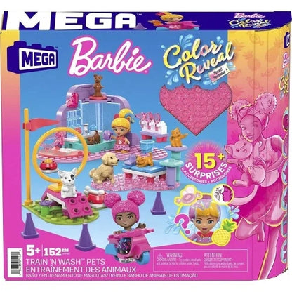 Set de constructie,Mega Blocks, Barbie Color Reveal, Train 'n Wash Pets, 152 buc.