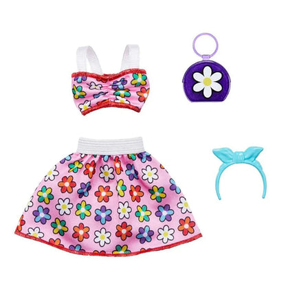 Set Barbie, tinuta completa cu accesorii, top si fusta cu floricele, gentuta si coronita