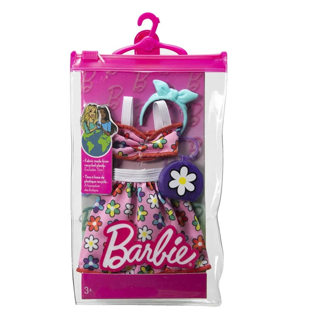 Set Barbie, tinuta completa cu accesorii, top si fusta cu floricele, gentuta si coronita