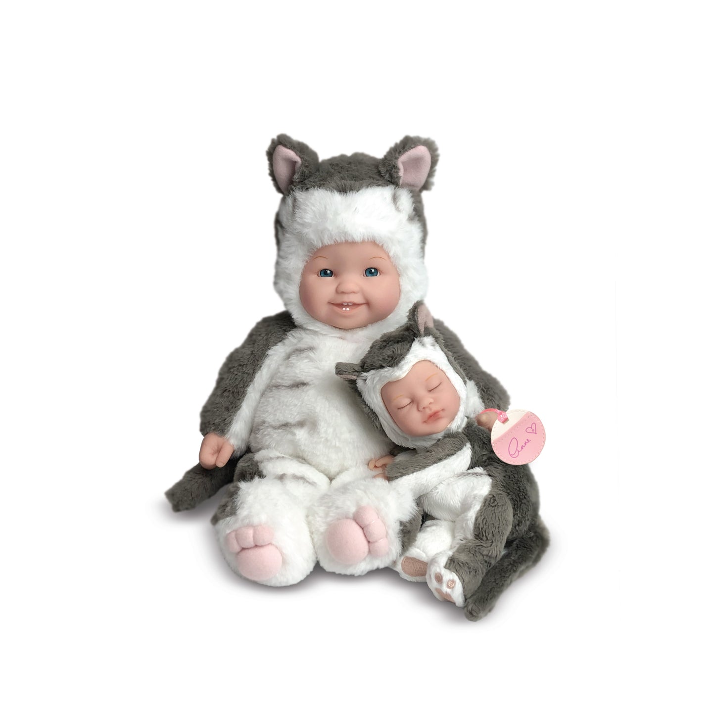 Papusa Anne Geddes - Set surori pisicute 38 cm - alb/gri