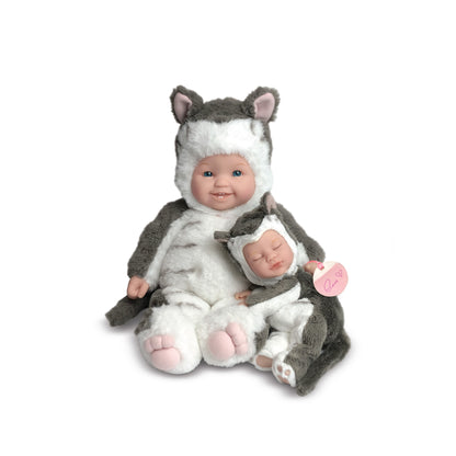 Papusa Anne Geddes - Set surori pisicute 38 cm - alb/gri