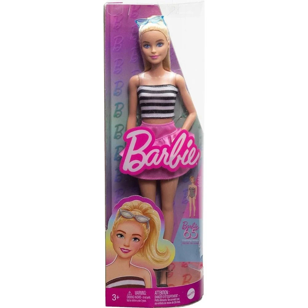 Papusa fashionista Barbie, aniversare de 65 de ani, in top alb-negru