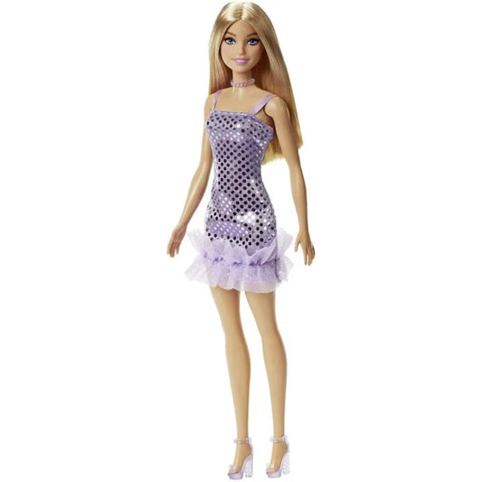 Papusa Barbie tinuta stralucitoare in rochie mov