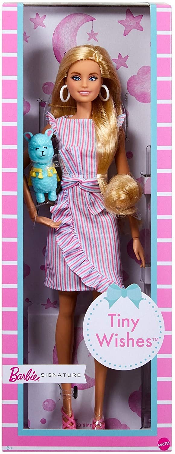 Papusa Barbie editie Signatura, Tiny Wishes, pentru baby shower cu Llama albastra, 30 cm