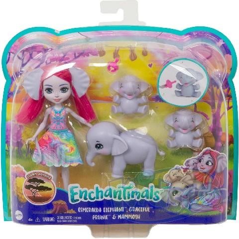 Set de joaca Papusa Enchantimals Esmeralda Elephant si elefantii Graceful, Prunie si Mammoth Enchantimals