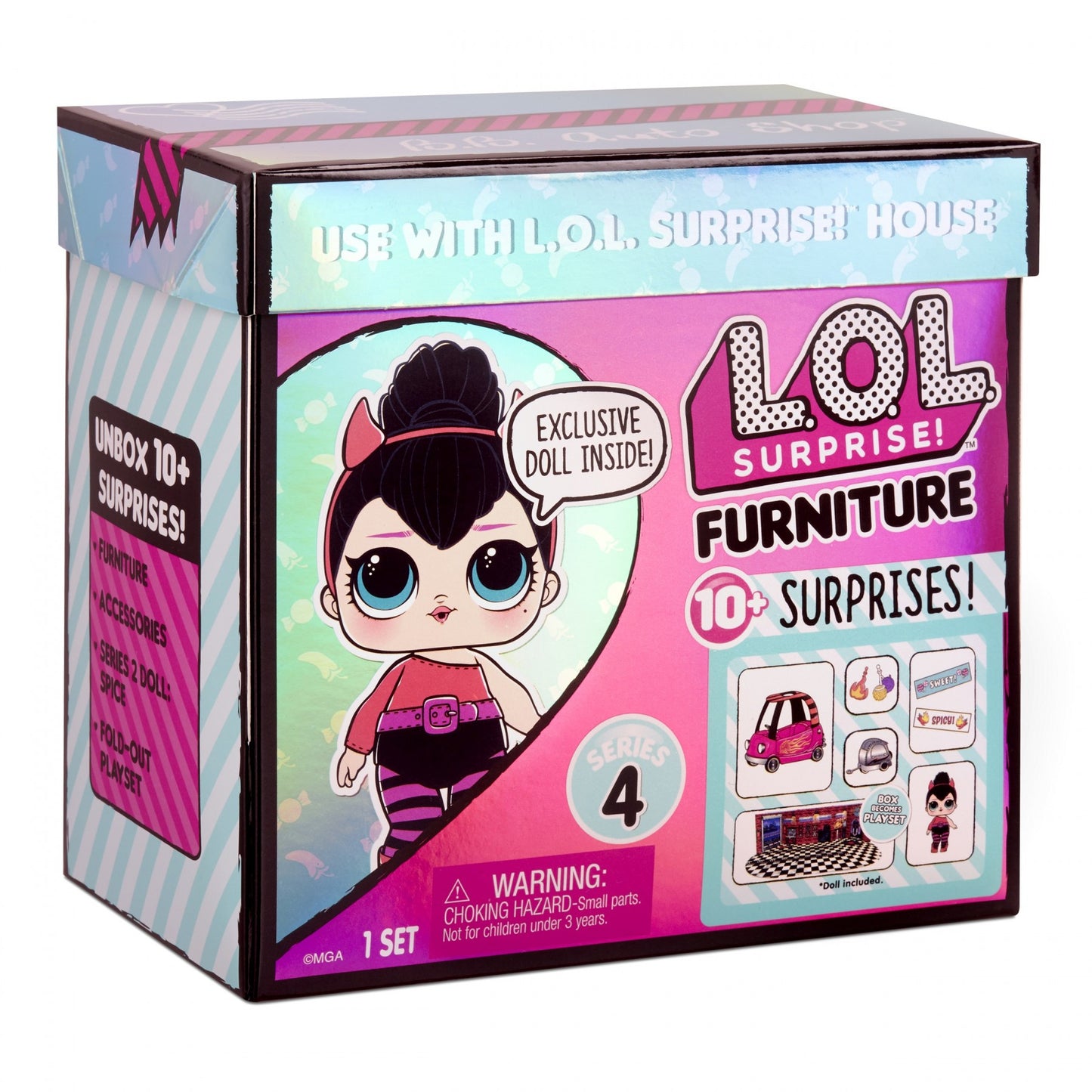 Set de joaca LOL Surprise Furniture BB Auto Shop, S4 cu papusa Spice si 10 surprize