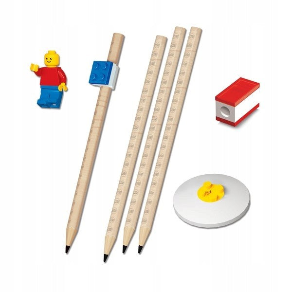 Set LEGO cu o minifigurina, 4 creioane, 1 topper, 1 ascutitoare,
