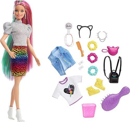 Papusa Barbie cu par curcubeu si 16 accesorii