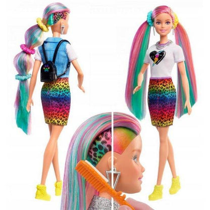 Papusa Barbie cu par curcubeu si 16 accesorii