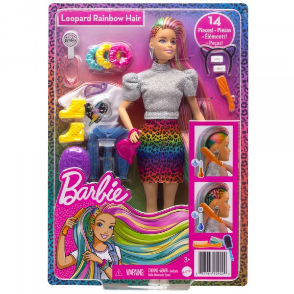 Papusa Barbie cu par curcubeu si 16 accesorii