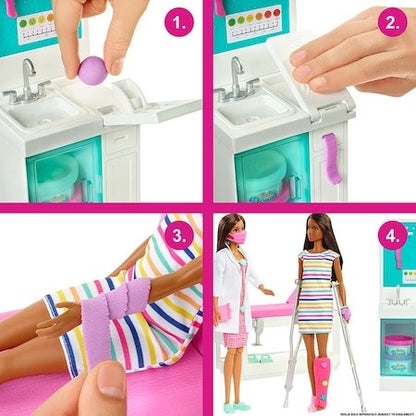 Set de joaca Barbie, papusa si clinica Fast Cast cu 30 de accesorii