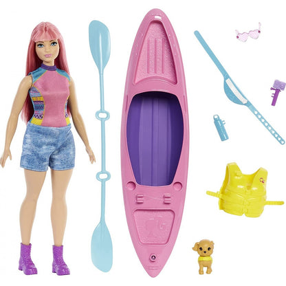 Set de joaca Barbie, Kayak & Camping, papusa cu par roz si accesorii