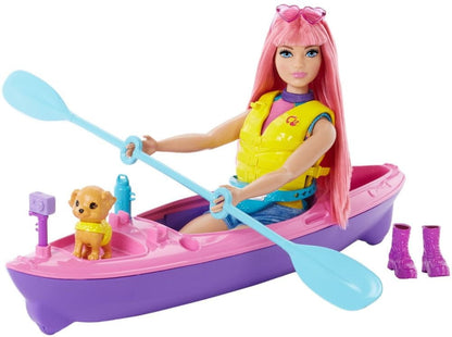 Set de joaca Barbie, Kayak & Camping, papusa cu par roz si accesorii