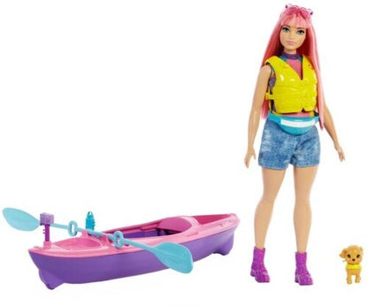 Set de joaca Barbie, Kayak & Camping, papusa cu par roz si accesorii