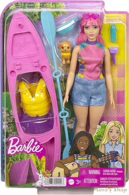 Set de joaca Barbie, Kayak & Camping, papusa cu par roz si accesorii