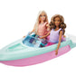 Set de joaca Barbie cu 2 papusi, barca cu motor si masina off-road
