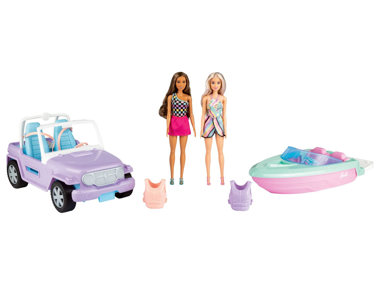 Set de joaca Barbie cu 2 papusi, barca cu motor si masina off-road