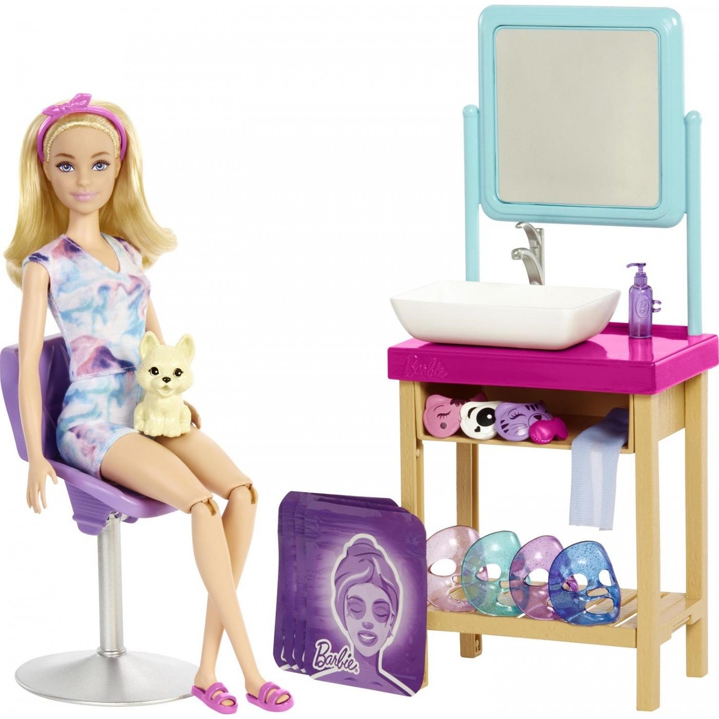 Set de joaca Barbie Wellness SPA, cu papusa inclusa si masti de infrumusetare, 30cm