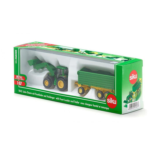 Tractor John Deere cu incarcator frontal si remorca, Siku 1843